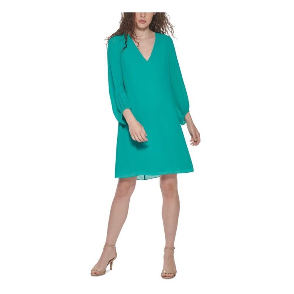 ELIZA J Womens Teal Shirred Chiffon Blouson Sleeve Above The Knee Shift Dress 2
